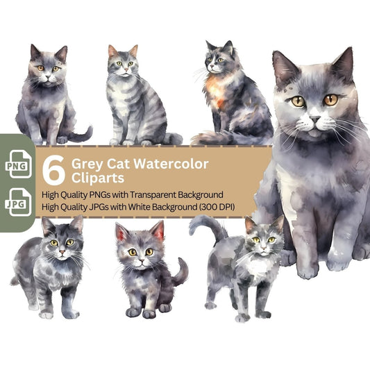 Grey/Blue Cat 6+6 PNG Clip Art Bundle - Everything Pixel