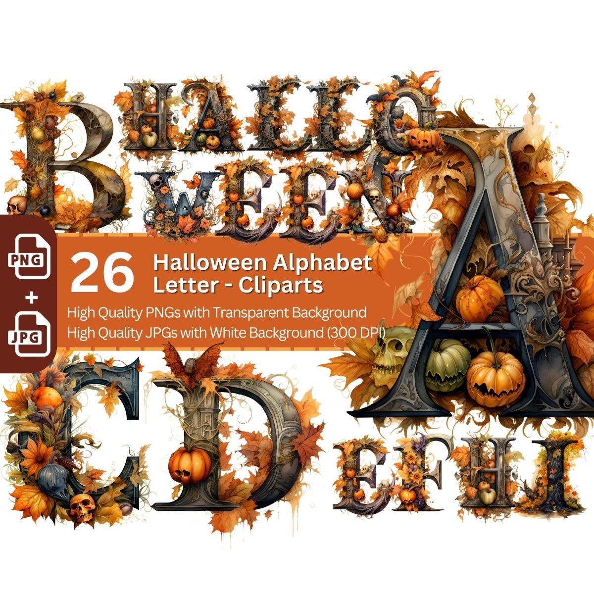 Halloween Alphabet 26+26 PNG Clip Art Bundle Fancy Letters Autumn Color - Everything Pixel