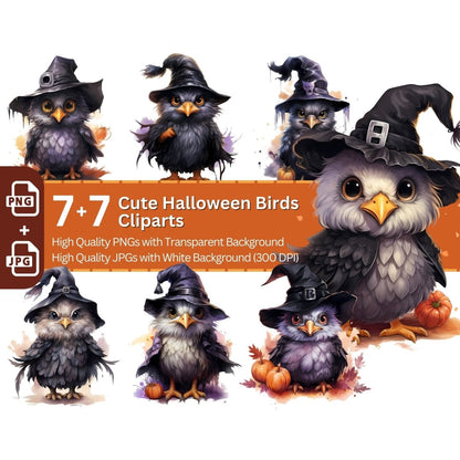 Halloween Bird with Witch Hat 7+7 PNG Clip Art Bundle Halloween - Everything Pixel