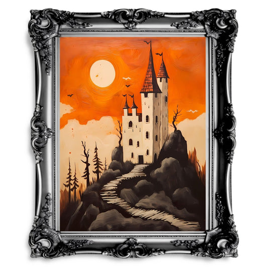 Halloween Castle Vintage Oil Painting Witchy Decor - Paper Poster Print - Everything Pixel