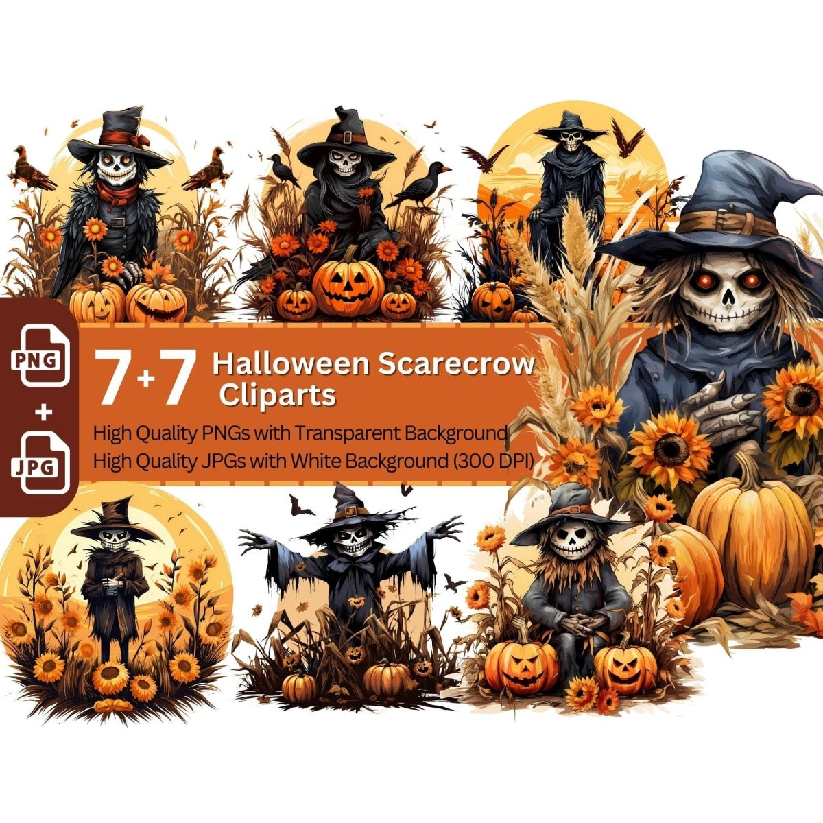 Halloween Scarecrow 7+7 PNG Clipart Bundle Halloween - Everything Pixel