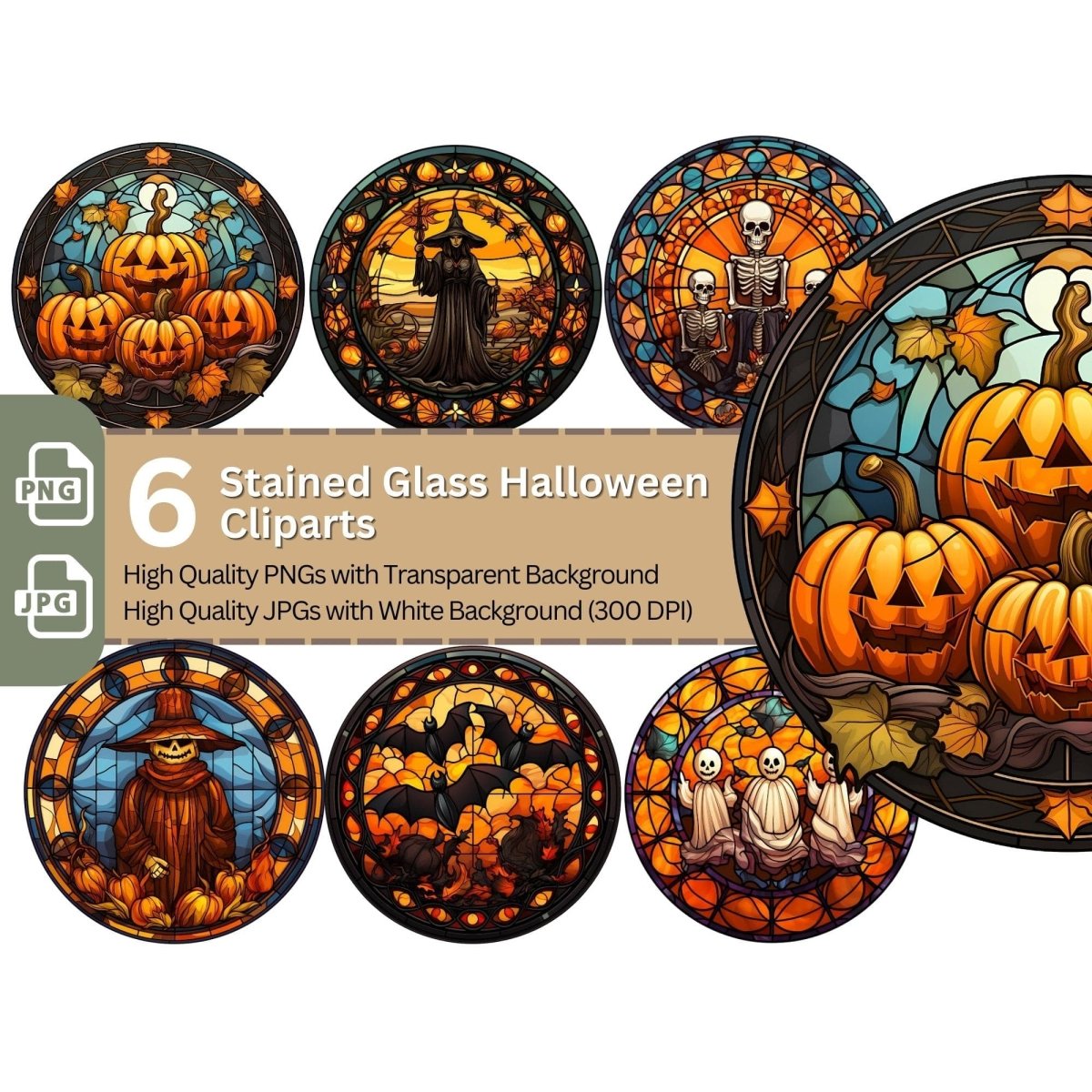 Halloween Stained Glass Designs 6+6 PNG Clip Art Bundle Gothic Halloween Design - Everything Pixel