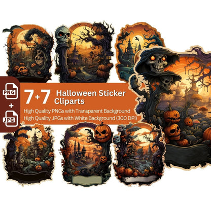 Halloween Sticker Clipart 7+7 PNG Bundle Spooky Sticker Design - Everything Pixel