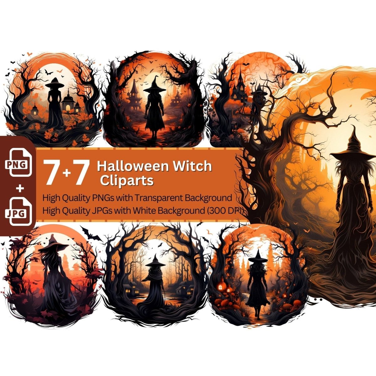 Halloween Witch Silhouette 7+7 PNG Clipart Bundle Halloween - Everything Pixel