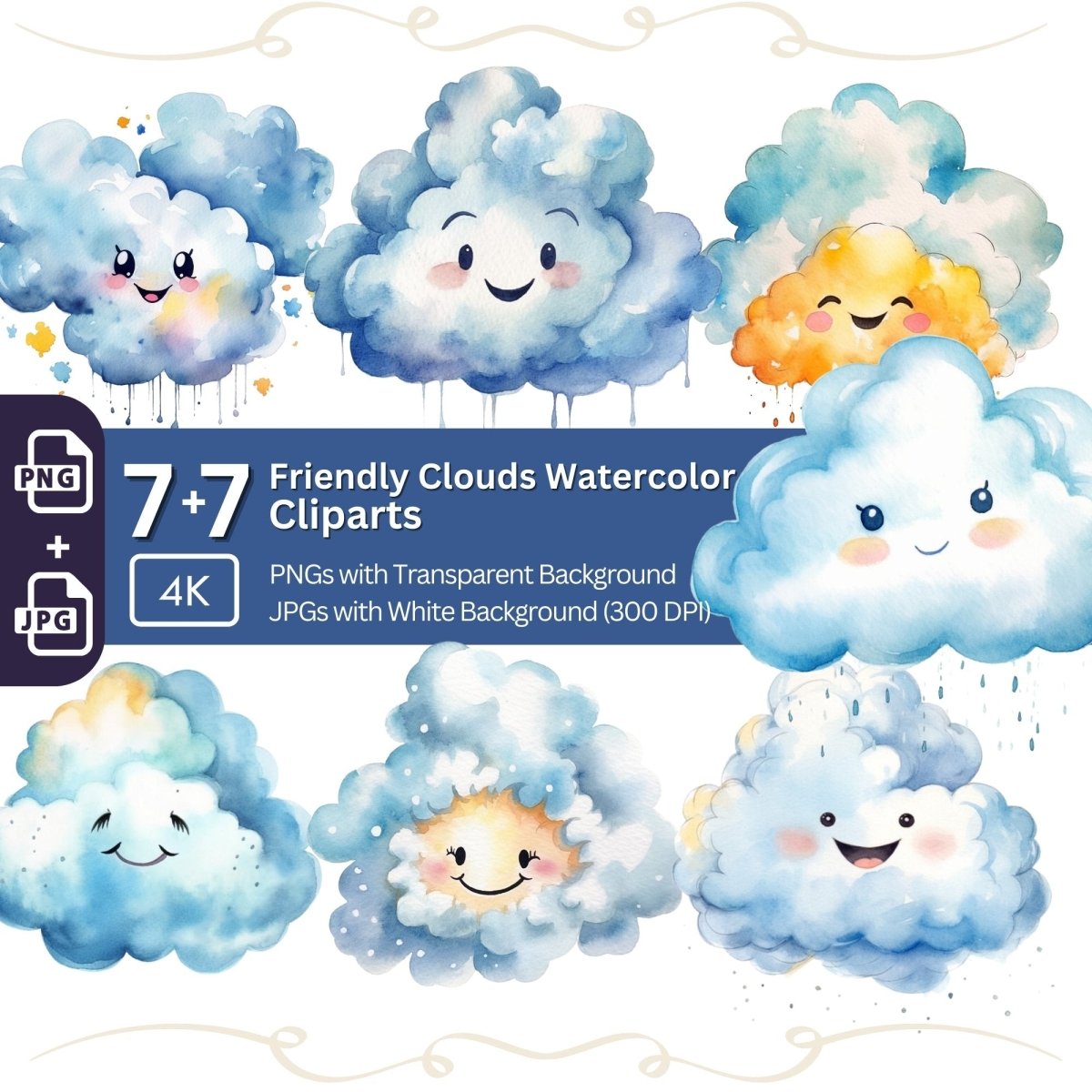 Happy Clouds Clipart Bundle 7+7 PNG Watercolor - Everything Pixel