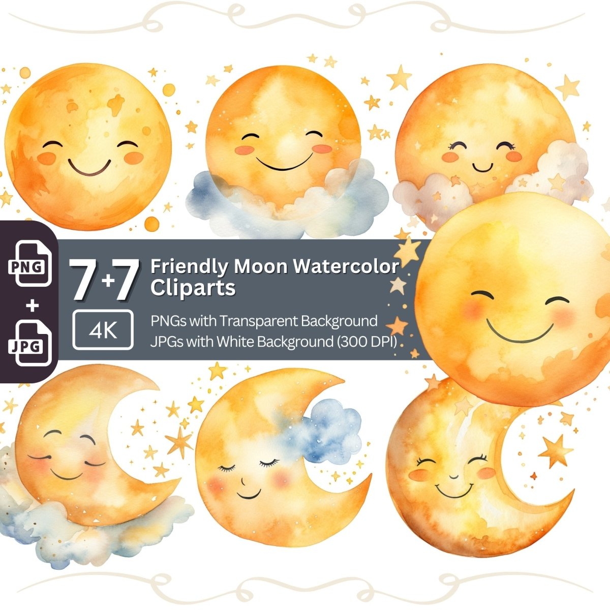 Happy Moon Clipart Bundle 7+7 PNG Watercolor - Everything Pixel