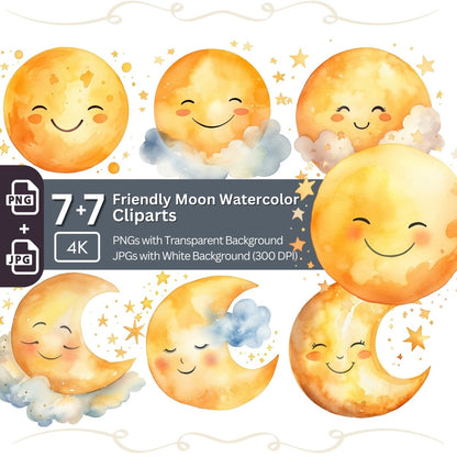 Happy Moon Clipart Bundle 7+7 PNG Watercolor - Everything Pixel