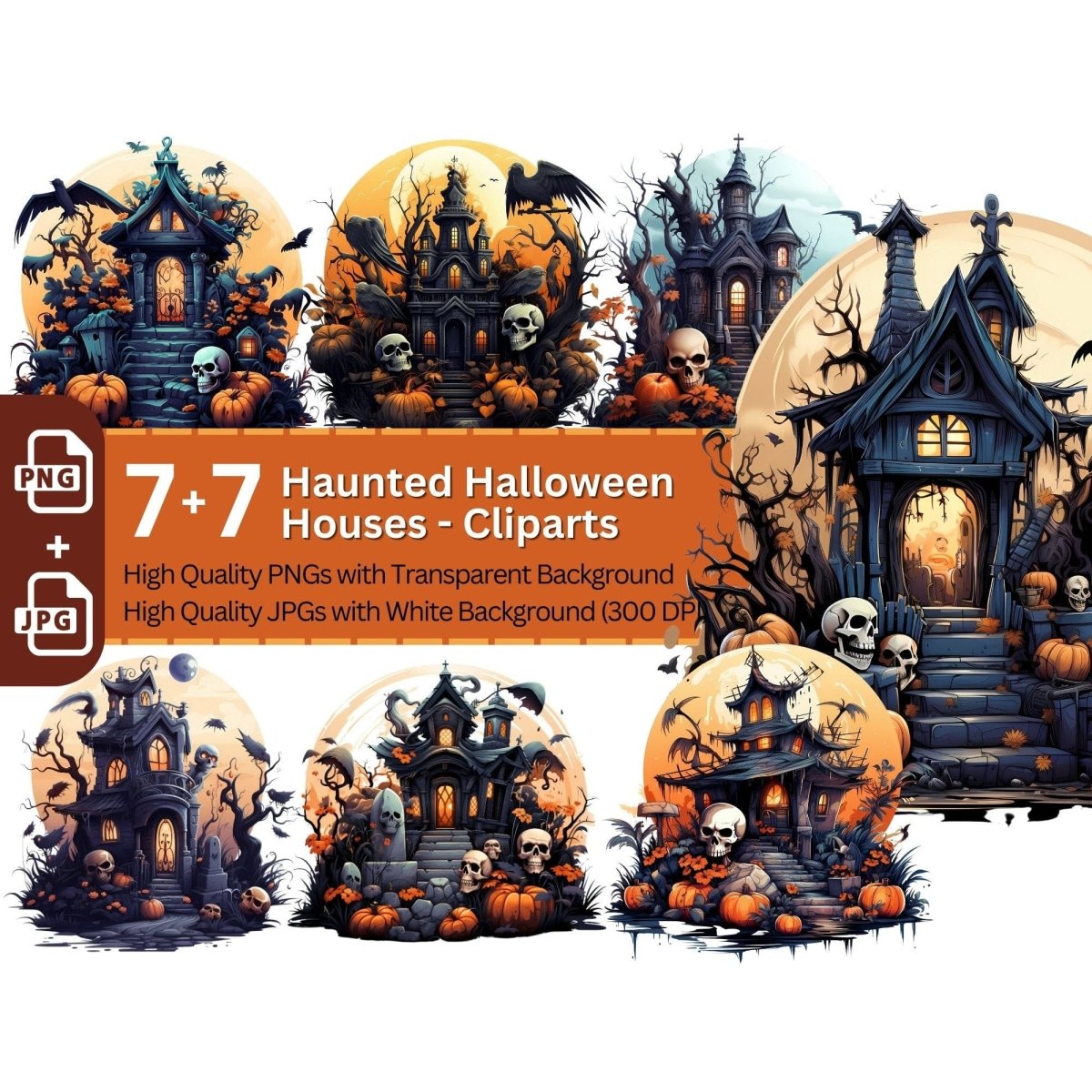 Haunted Halloween House 7+7 PNG Clip Art Bundle Halloween - Everything Pixel