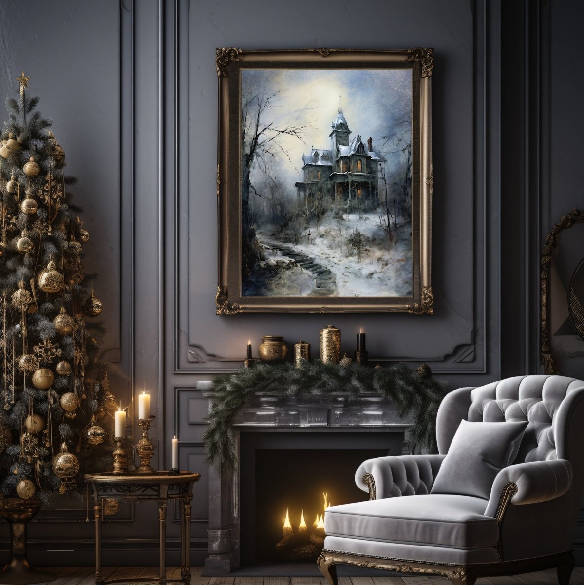 Haunted House Winter Wall Art Lonely Christmas Dark Cottagecore Artwork Gothic Christmas Art Melancholic Winter Paper Poster Print - Everything Pixel