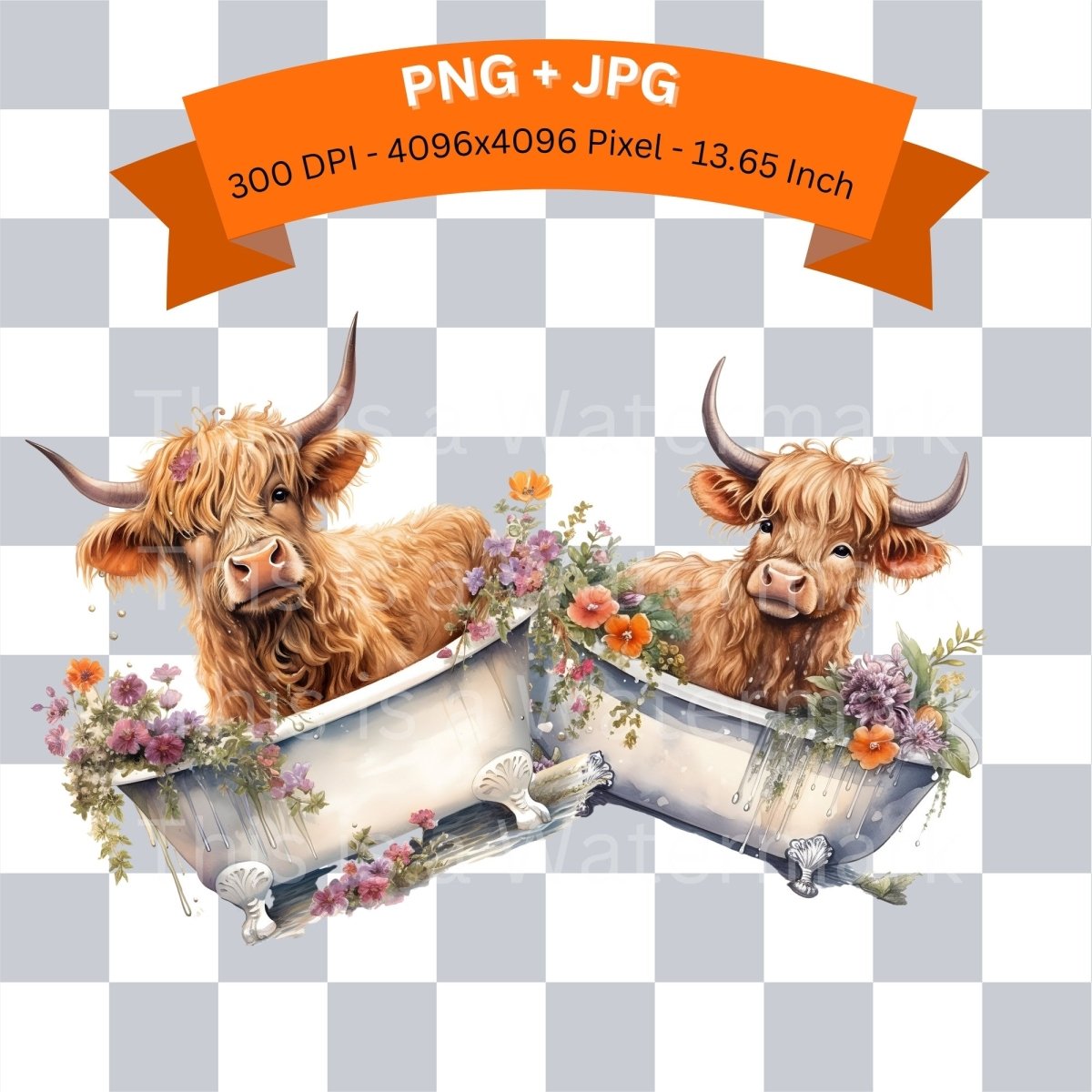 Highland Cow in Bathtub 6+6 PNG Bundle for Sublimation & Clipart - Everything Pixel