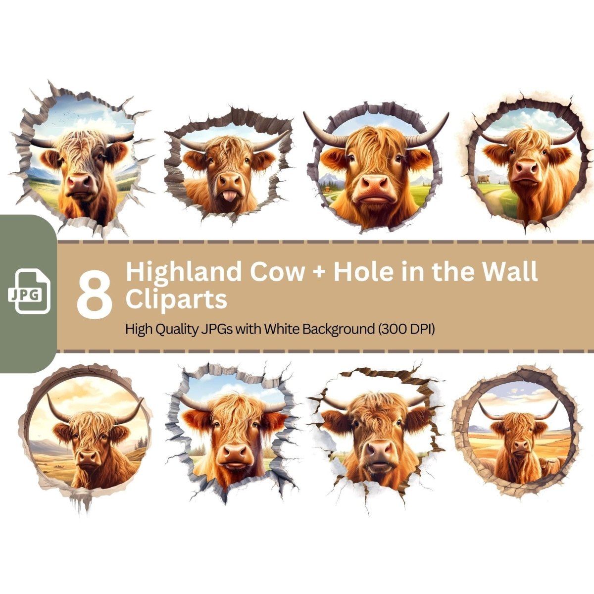 Highland Cow looking through hole in wall Clipart 8 High Quality JPG Nursery Art - Everything Pixel