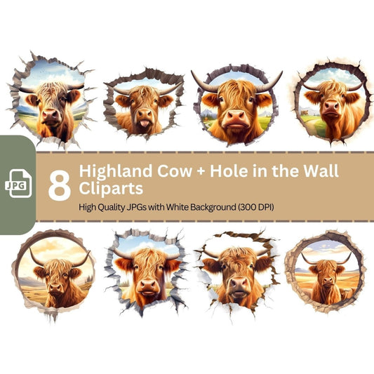 Highland Cow looking through hole in wall Clipart 8 High Quality JPG Nursery Art - Everything Pixel