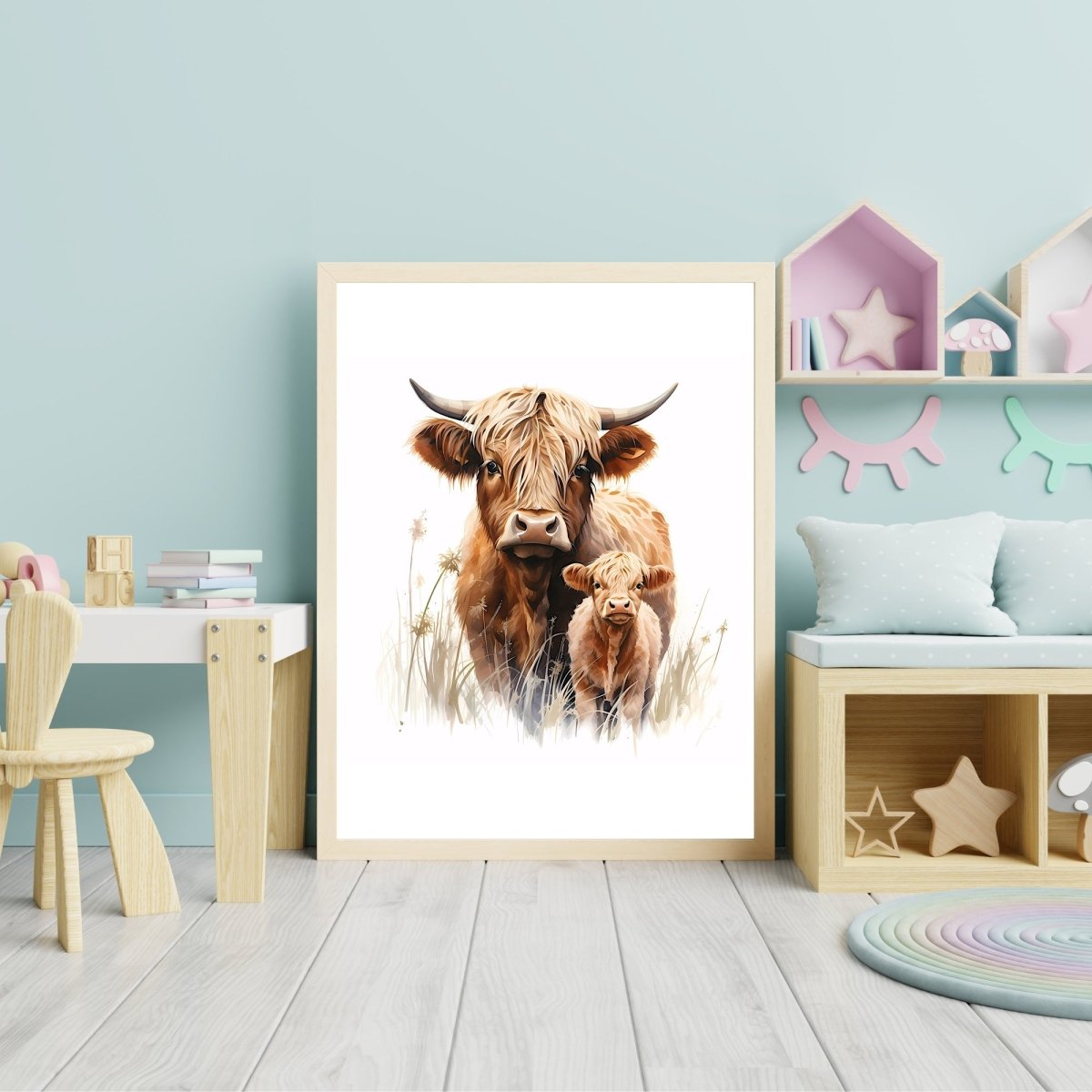 Highland Cow Mother & Calf - Watercolor Nursery Wall Art - Everything Pixel