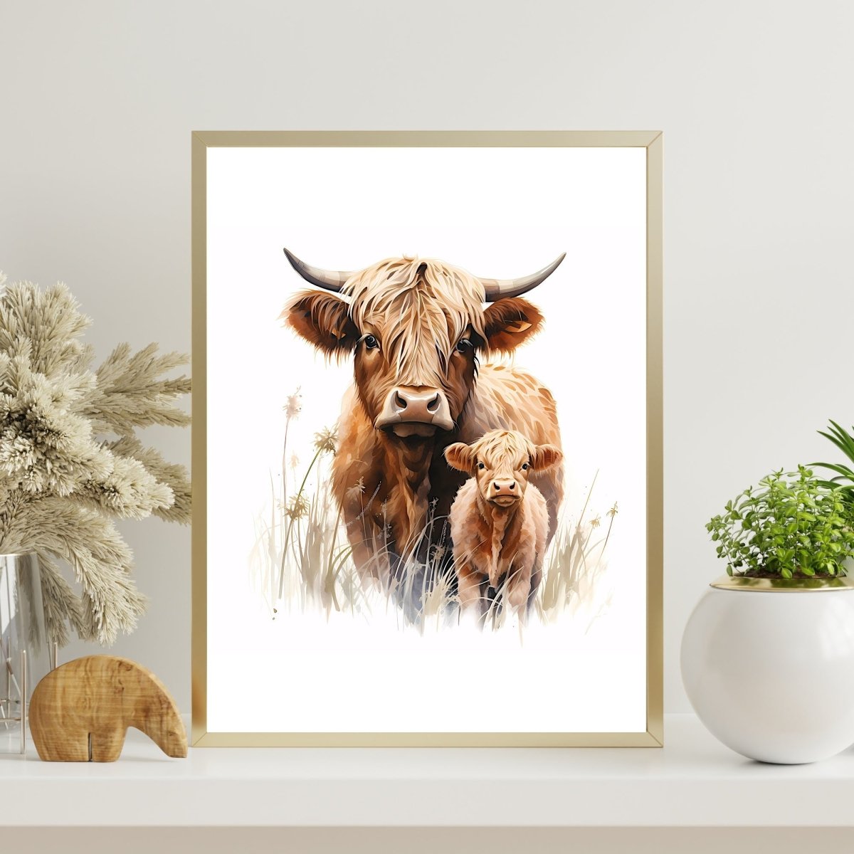 Highland Cow Mother & Calf - Watercolor Nursery Wall Art - Everything Pixel