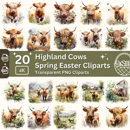 Highland Cow Watercolor Clipart Bundle - 20 Spring PNGs - Everything Pixel