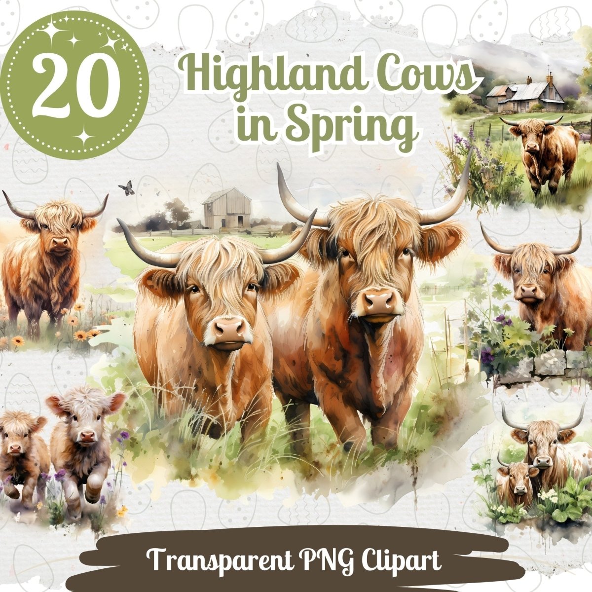 Highland Cow Watercolor Clipart Bundle - 20 Spring PNGs - Everything Pixel