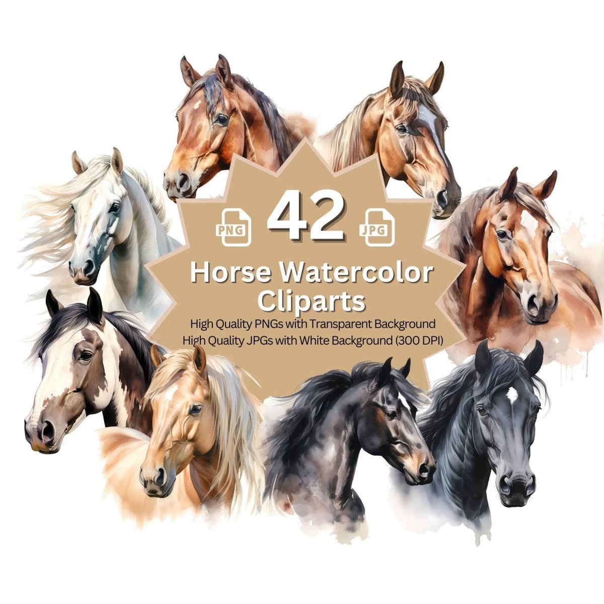 Horse Watercolor Clipart Megabundle 42+42 High Quality PNGs Animal Clipart - Everything Pixel