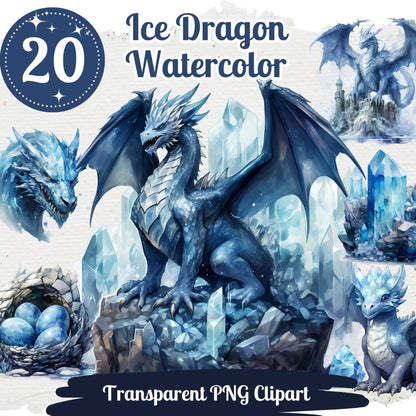 Ice Dragon Cliparts 20 PNG Bundle Fantasy Sublimation Graphic Magical Creatures Artwork Watercolor Fairy Tale Design Junk Journal Kit - Everything Pixel