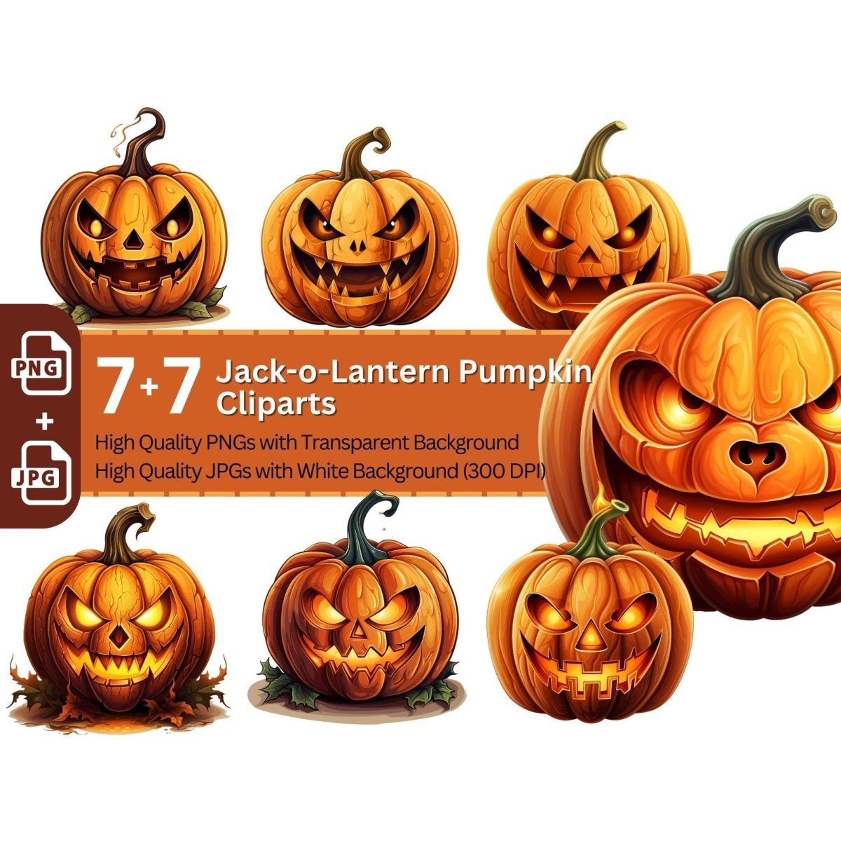 Jack-o-Lantern Halloween Pumpkins 7+7 PNG Clipart Bundle Halloween - Everything Pixel