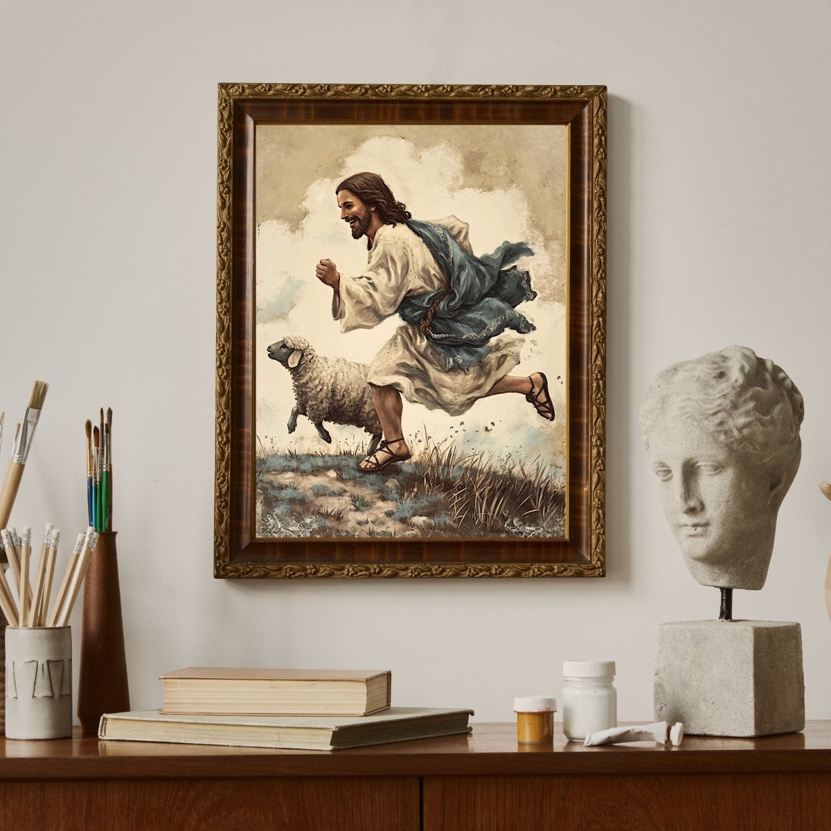 Jesus and Lamb Wall Art Vintage Christian Spring Artwork Jesus running with his Lamb Easter Farmhouse Decor Good Sheperd Print Paper Poster Print - Everything Pixel