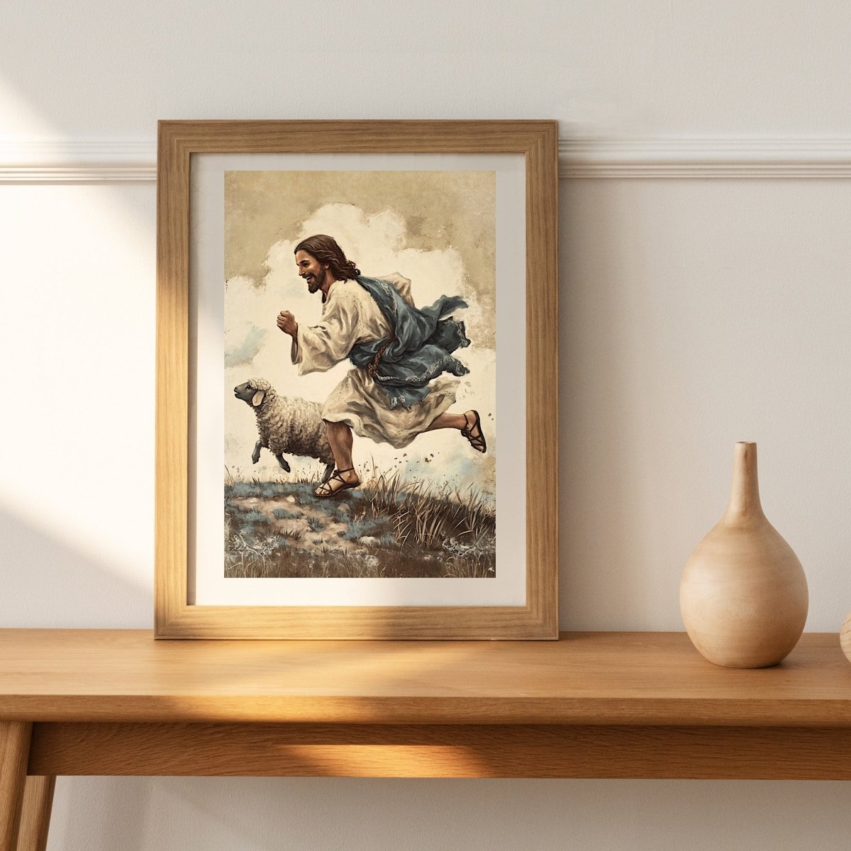 Jesus and Lamb Wall Art Vintage Christian Spring Artwork Jesus running with his Lamb Easter Farmhouse Decor Good Sheperd Print Paper Poster Print - Everything Pixel