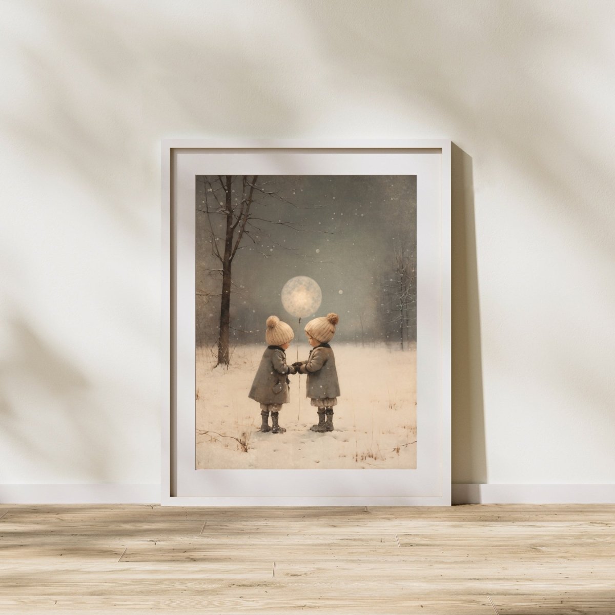 Let's raise the Moon Wall Art Vintage Winter Landscape Charming Children Christmas Scene Muted Seasonal Print Antique Painting Paper Poster Print - Everything Pixel