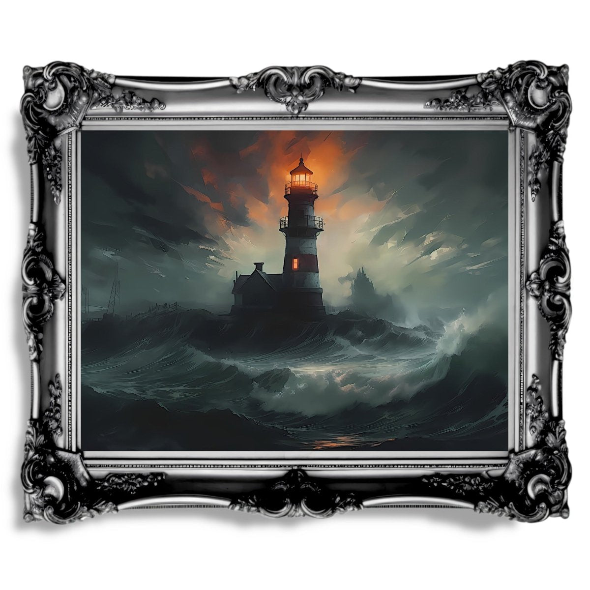 Lighthouse in Stormy Sea Seascape Painting Dark Academia - Everything Pixel