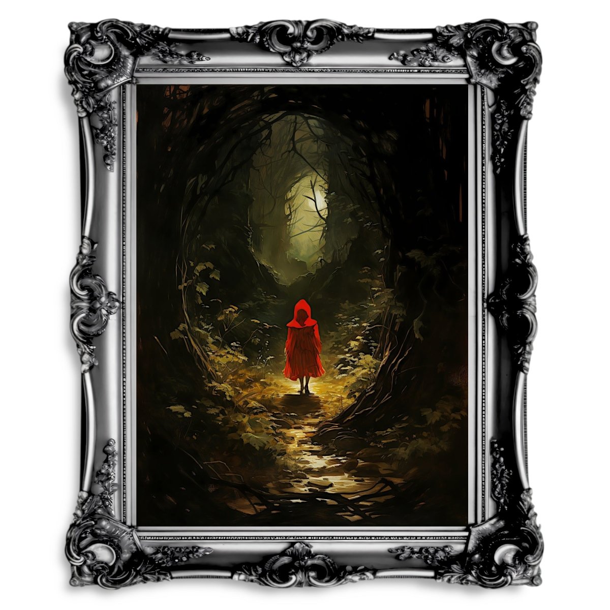 Little Red Riding Hood Wall Art Spooky Mysterious Fairytale Wall Decor Eerie Dark Forest Painting Dark Cottagecore Gothic Print - Everything Pixel