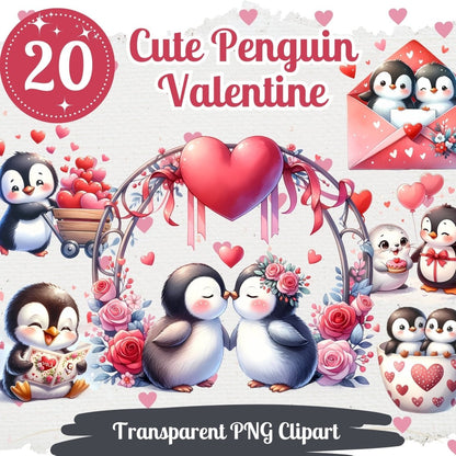 Love Penguin Cliparts 20 PNG Bundle Cute Valentines Day Set Card Crafting Junk Journal Kit Romantic Sweet Penguins Animal Couple in Love - Everything Pixel