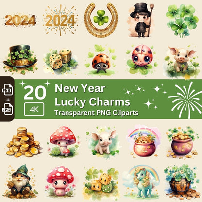 Lucky Charm Cliparts 20 PNG Bundle Festive New Year Celebration Gifts Cute New Year Wishes Watercolor Graphic Lucky Wishes for 2024 - Everything Pixel
