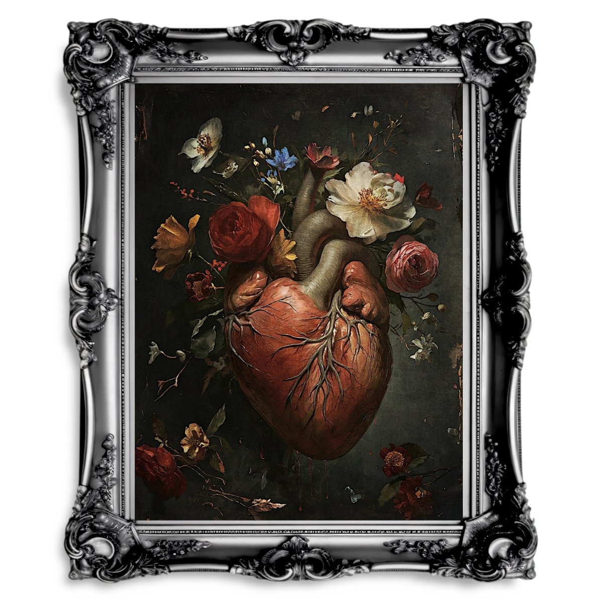 Macabre Valentine Wall Art Antique Oil Painting Human Heart with Flowers Creepy Gothic Decor Goblincore Decor Dark Romance Print Paper Poster Print - Everything Pixel