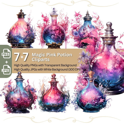 Magic Pink Potion 7+7 PNG Clip Art Bundle Magic Fantasy Elixir Magical Herbs Witchcraft - Everything Pixel