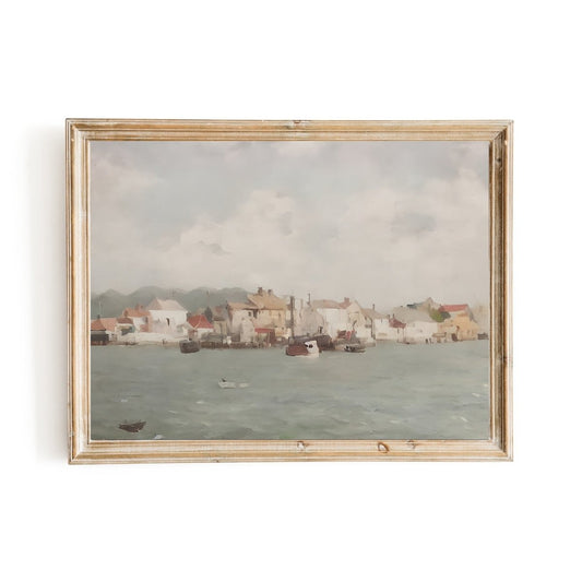 Mediterranean fisher village vintage coast painting - Everything Pixel