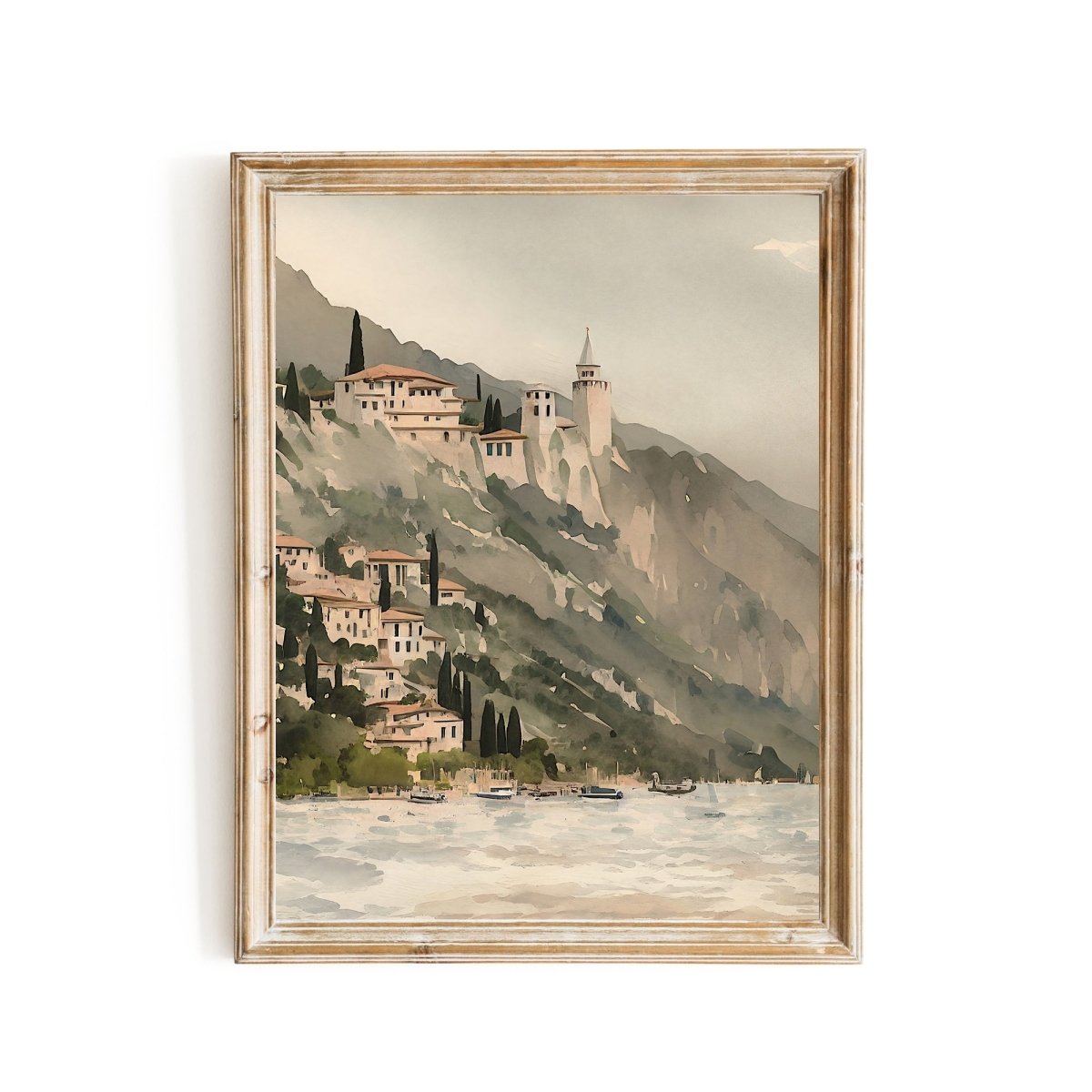Mediterranean village on cliff at lake watercolor painting - Everything Pixel