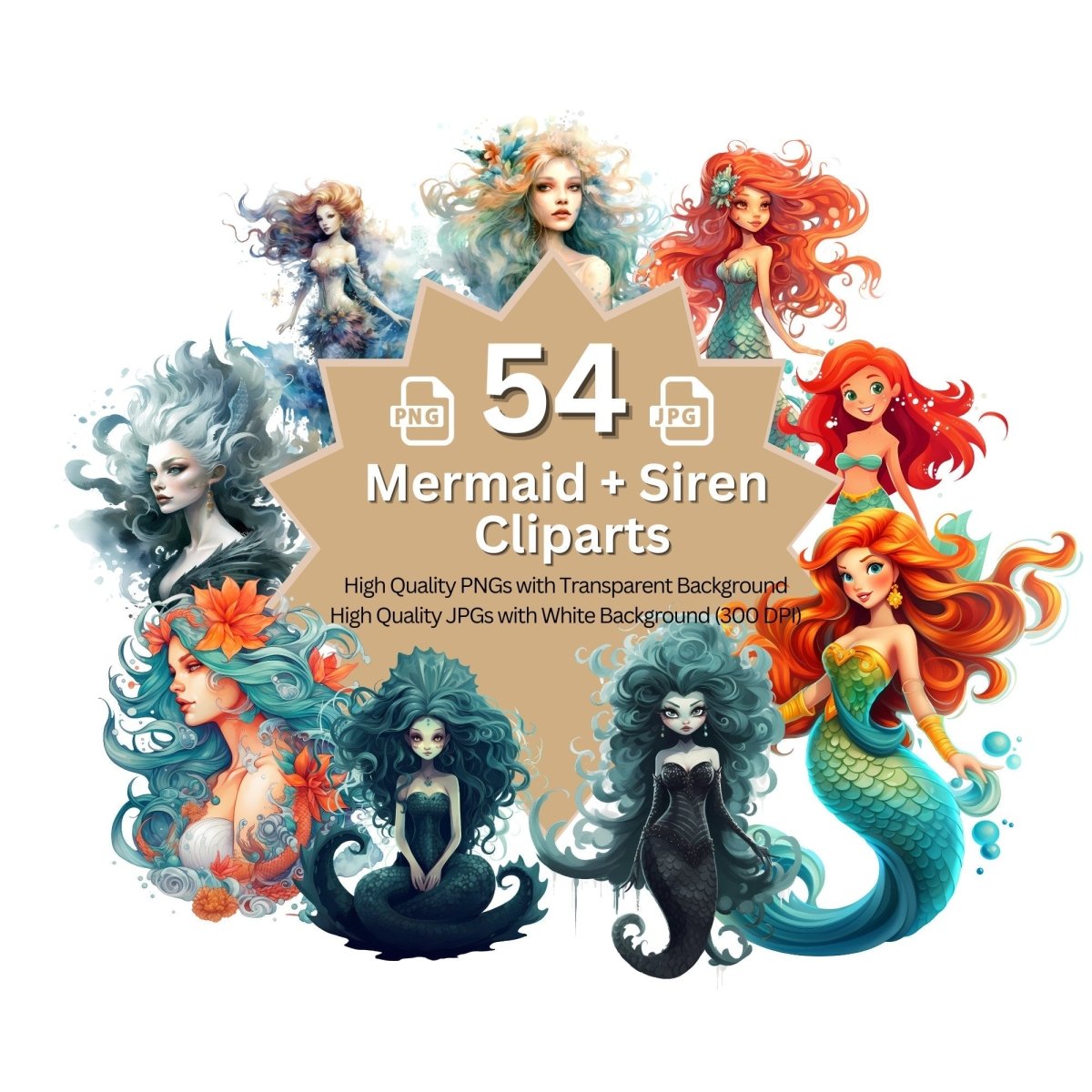 Mermaid + Siren Megabundle 54+54 High Quality PNGs Fairytale Art - Everything Pixel