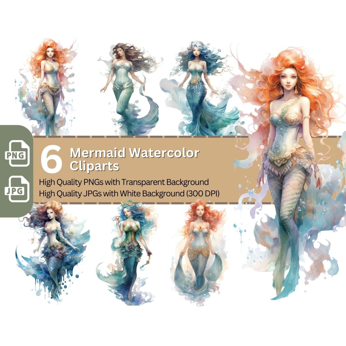 Mermaid Watercolor 6+6 PNG Clip Art Bundle Fantasy - Everything Pixel