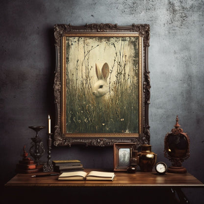 Moody White Bunny in Grass - Vintage Gothic Wall Art Print - Everything Pixel