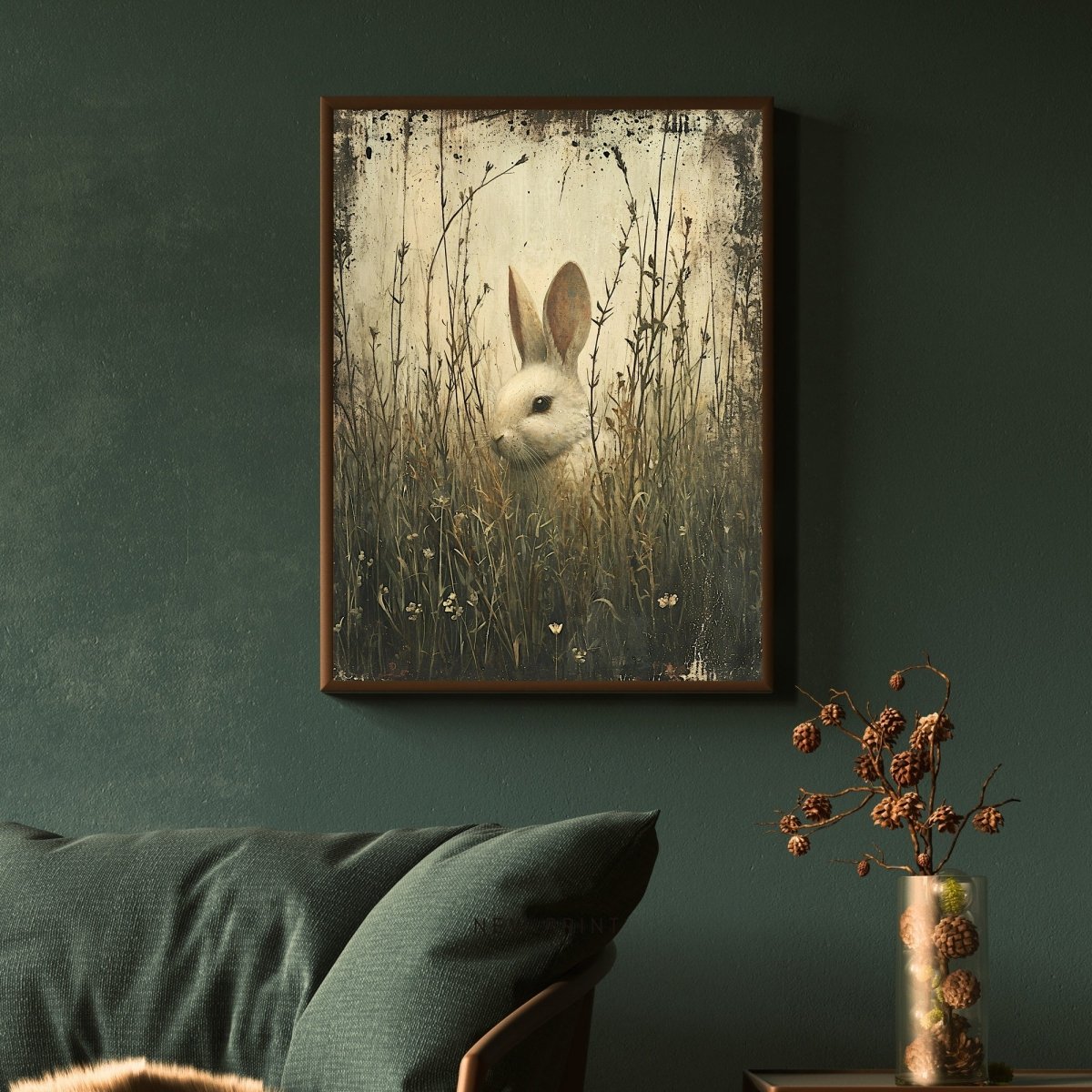 Moody White Bunny in Grass - Vintage Gothic Wall Art Print - Everything Pixel