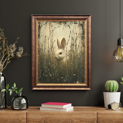 Moody White Bunny in Grass - Vintage Gothic Wall Art Print - Everything Pixel