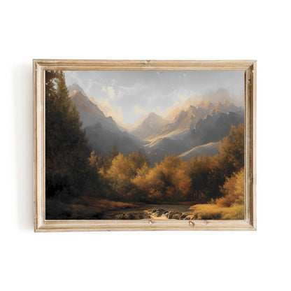 Mountain river landscape oil painting autumn vintage art cottagecore - Everything Pixel