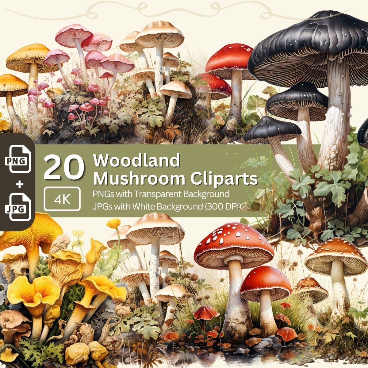 Mushroom Cliparts 20 PNG Bundle Woodland Mushroom Images Seasonal Toadstool Graphics Digital Paper Crafting Forest Junk Journal Kit - Everything Pixel