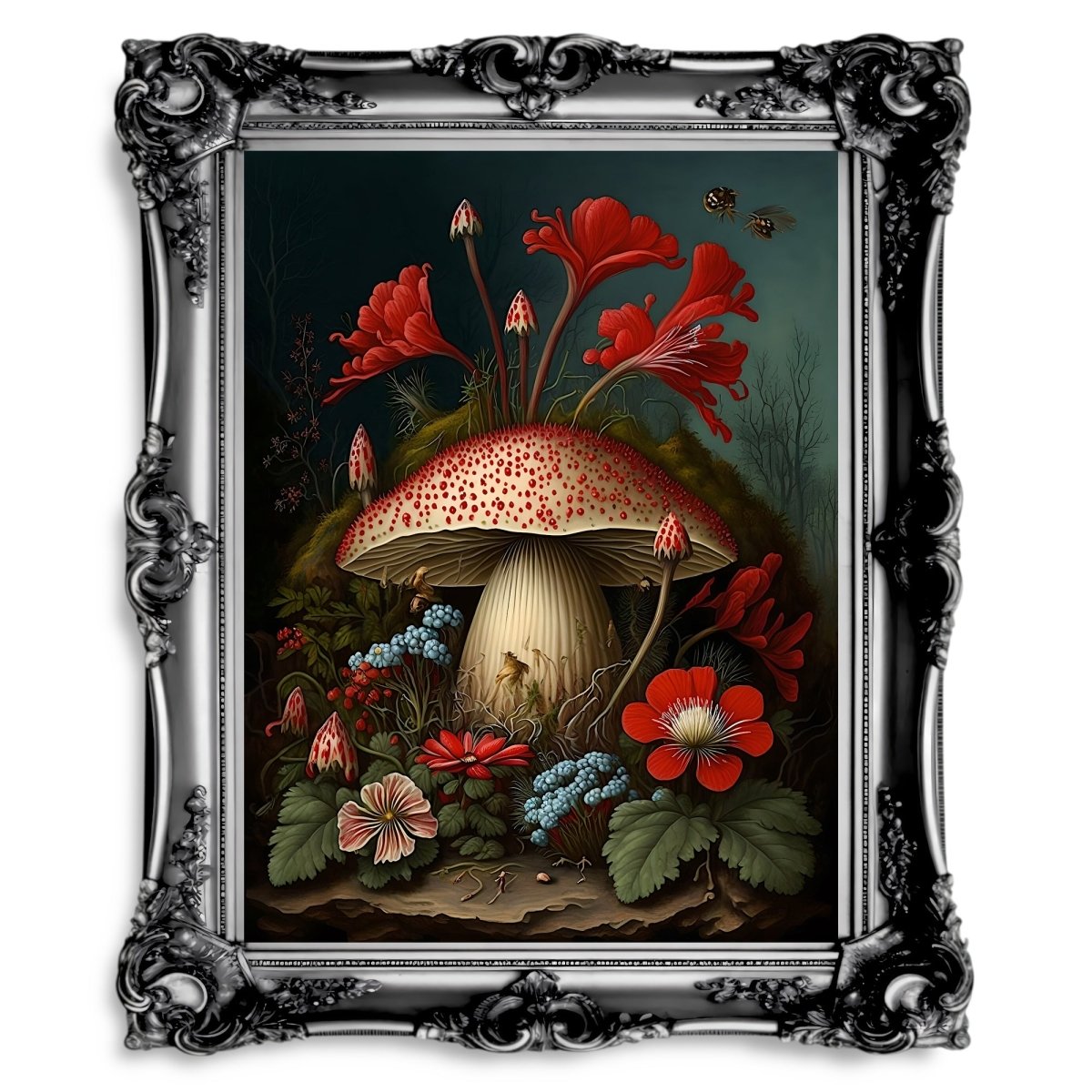 Mushrooms and Flowers in Alice Woodland Dark Academia Goblincore Poster - Everything Pixel