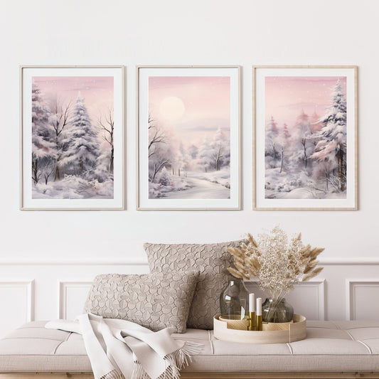 Muted Winter Landscape 3 Piece Wall Art Seasonal Triptych Painting Charming Soft Muted Colors Pink Winter Farmhouse Decoration Paper Poster Print - Everything Pixel