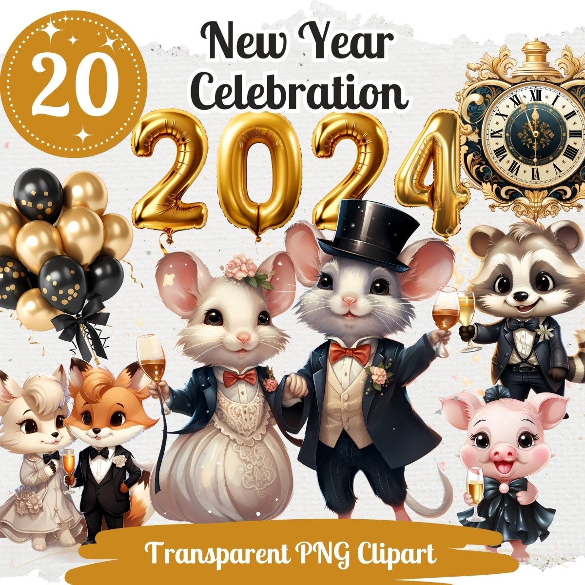 New Year Celebration Clipart 20 PNG Bundle Cute Kawaii Cartoon Animals Silvester Party Black and Gold Graphic New Year's Eve Party Design - Everything Pixel