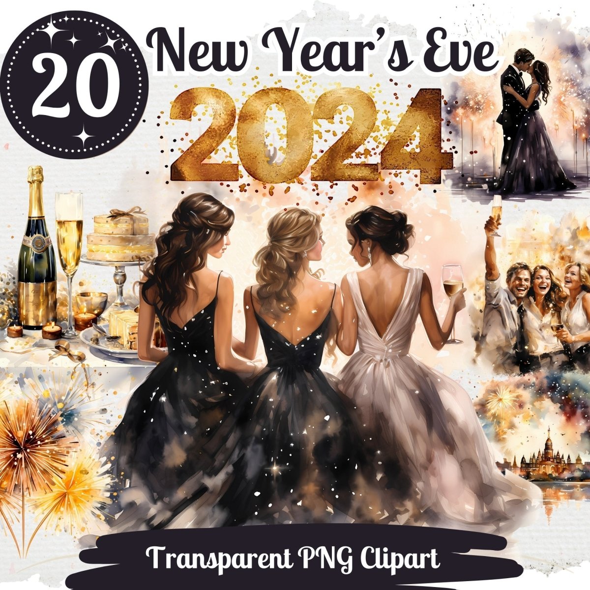 New Year's Eve Clipart 20 PNG Bundle Festive New Year Celebration Designs Black and Gold Watercolor Graphic New Year Firework Party - Everything Pixel