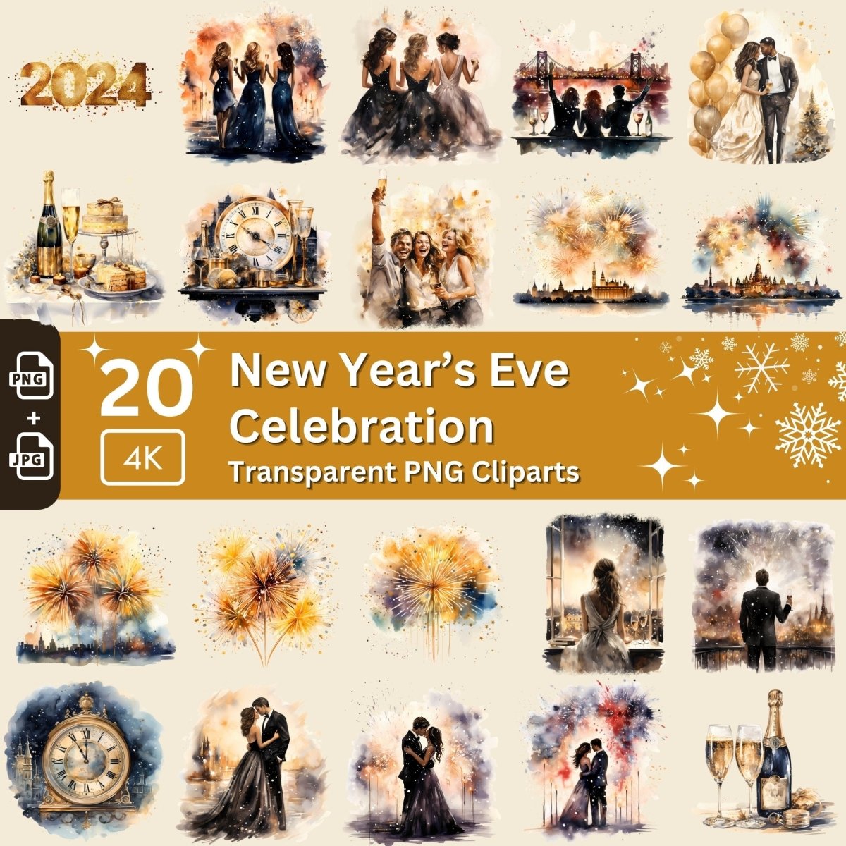 New Year's Eve Clipart 20 PNG Bundle Festive New Year Celebration Designs Black and Gold Watercolor Graphic New Year Firework Party - Everything Pixel