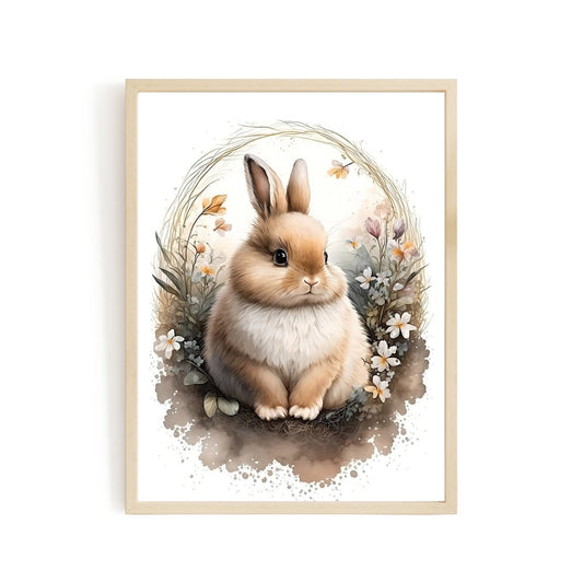 Nursery decor baby bunny with flowers animal wall art - gender neutral - Everything Pixel
