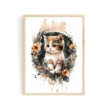 Nursery decor baby cat with flowers animal wall art - gender neutral - Everything Pixel