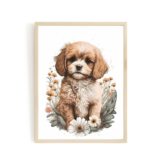 Nursery decor baby dog with flowers animal wall art - gender neutral - Everything Pixel