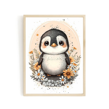 Nursery decor baby penguin with flowers animal wall art - gender neutral - Everything Pixel